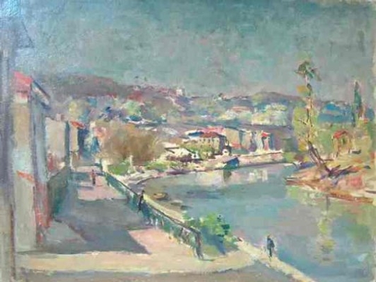 La Seine  Meudon. 1947. Huile sur carton. 33  X 40,5 cm. Coll. particulire